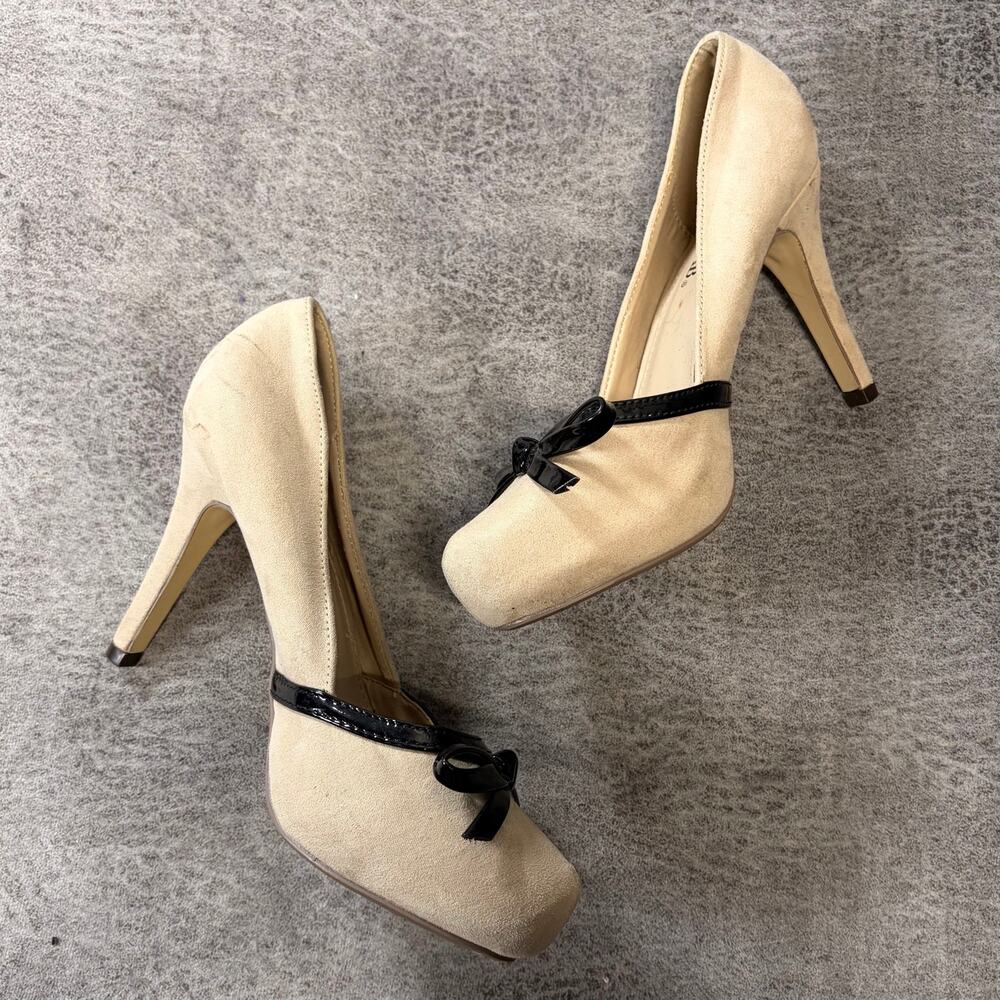 Cream Suede Patent Bow Stiletto Heels